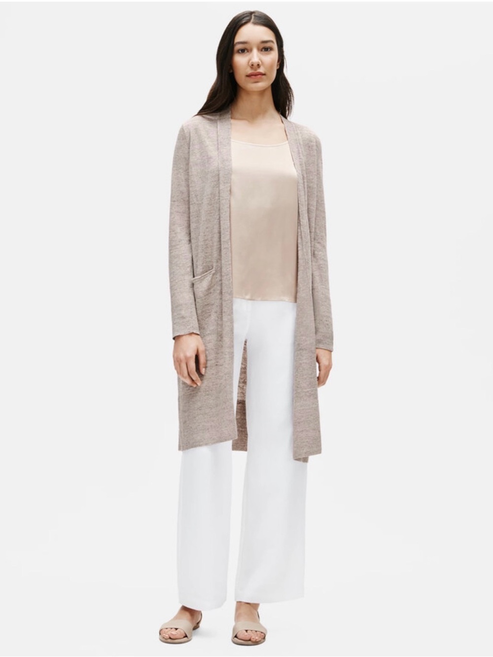 Eileen Fisher 100% Organic Linen Neutral Heathered Knit Long Cardigan